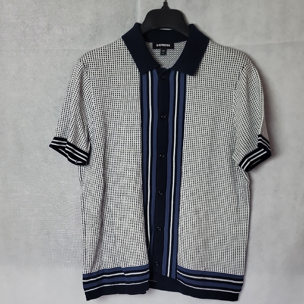Express Men’s Navy, Light Blue & White Short Sleeve Button Polo